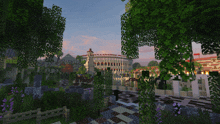 a minecraft scene with a building in the background and trees in the foreground