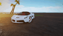 a white sports car is parked on a dirt road near a palm tree