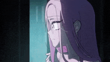 a girl with purple hair is looking out a window at night .