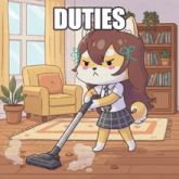 a cartoon illustration of a girl vacuuming the floor with the word duties written above her