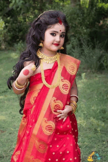 a little girl in a red and gold dress with the word photography on the bottom right corner