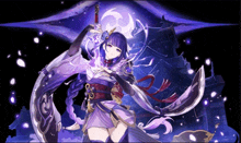 a girl with purple hair is holding a sword in her hand