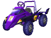 a purple dune buggy with the letter r on the side