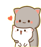 a cartoon cat is hugging a white cat with a heart in the background