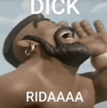 a cartoon man with a beard is looking up at the sky with the words dick ridaaa on the bottom .