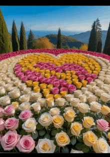 a heart made out of pink and yellow roses with mountains in the background