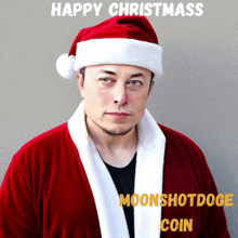 a man wearing a santa hat and a robe says happy christmass moonshotdoge coin