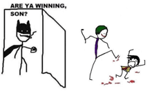 a stick figure drawing of batman and the joker standing next to each other on a white background .