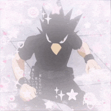 a picture of a black bird with a yellow beak is surrounded by hearts and stars