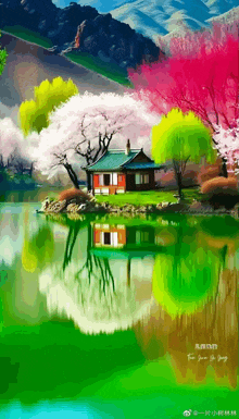 a painting of a house on a small island in a lake with mountains in the background