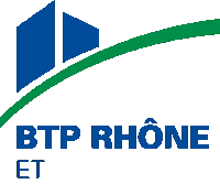 a blue and green logo for btp rhone et with a green line