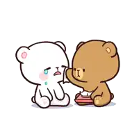 two teddy bears are sitting next to each other one is crying and the other is holding a piece of cake