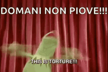 kermit the frog is standing in front of a red curtain with the words `` domani non piove ! ''