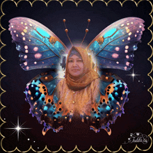 a woman in a hijab is surrounded by a colorful butterfly with julia on the bottom