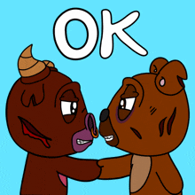 a cartoon drawing of a bull and a bear with an ok sign above them