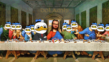 a painting of a last supper with donald duck in the center