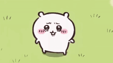 a cartoon hamster is standing in the grass with a sad look on its face .