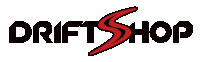 a black and red logo for driftshop with a red lightning bolt