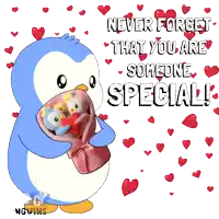 a blue and white penguin holding a bouquet of stuffed penguins with the words never forget that you are someone special