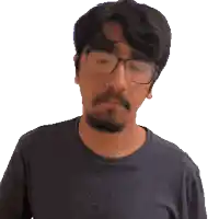 a man with glasses and a beard looks up at the camera