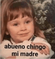 a little girl is making a funny face with the words bueno chingo mi madre written on it .