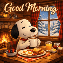snoopy is sitting at a table drinking coffee