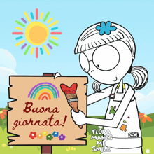 a cartoon of a girl painting a sign that says buona giornata