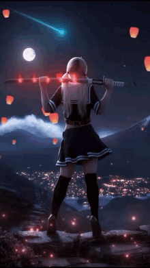 a girl in a sailor outfit holds a sword in front of a full moon