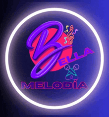 a logo for bella melodia with a purple letter b on a red background