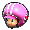 a cartoon character wearing a pink helmet with white stripes and a hat .