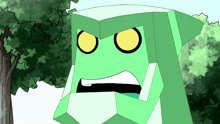 a cartoon drawing of a green monster with yellow eyes and a tree in the background