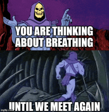 a cartoon of skeletor saying " you are thinking about breathing "