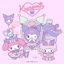 a group of cartoon characters , including kuromi and my melody , are sitting on a chair .