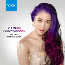 a woman with purple hair and a vivo logo