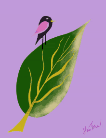 a drawing of a bird sitting on a green leaf with a purple background and the signature hai tora