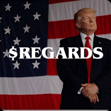 a man in a suit and tie stands in front of an american flag with the words $ regards written above him