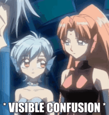 a couple of anime girls standing next to each other with the words visible confusion below them