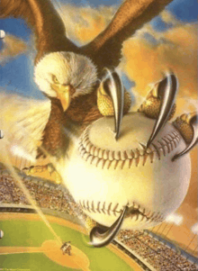 a bald eagle is holding a baseball with its claws