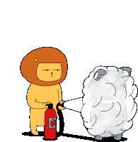 a cartoon of a lion using a fire extinguisher to put out a sheep