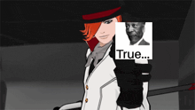 a cartoon character with a picture of a man and the word true on it