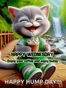 a cartoon cat is holding a cup of coffee and smiling .