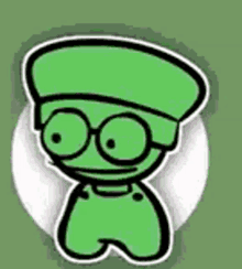 a green cartoon character with glasses and a hat on .