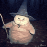 a painting of a cat wearing a witch hat and holding a stick