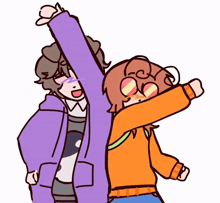 a cartoon drawing of a boy in an orange sweater and a girl in a purple jacket