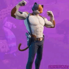 a calico cat is flexing his muscles in fortnite .