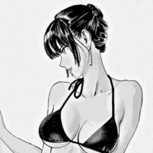 black and white drawing of a woman in a bikini top