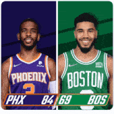 two basketball players from the phoenix and boston teams are shown