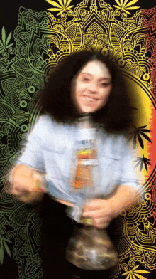 a blurry picture of a woman holding a bong in front of a marijuana background