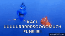 a gif of a clown fish and a blue fish that says kaci uuuuuuurrrsoooomuch fun