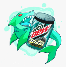 a can of mtn dew bold blast with a shark behind it